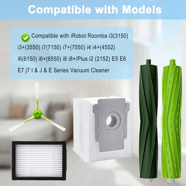 Parts Accessories For Irobot Roomba I3 I3+ I1 I1+ I7 I7+ I4+ I5 I5+ J5 J5+ I6 I6+ I8 I8+ I2 J7 E5 E6 E7 I&J&E Series Vacuum Cleaner, 1 Roller Brushes,4 Filters,4 Side Brushes,6 Vacuum Bags