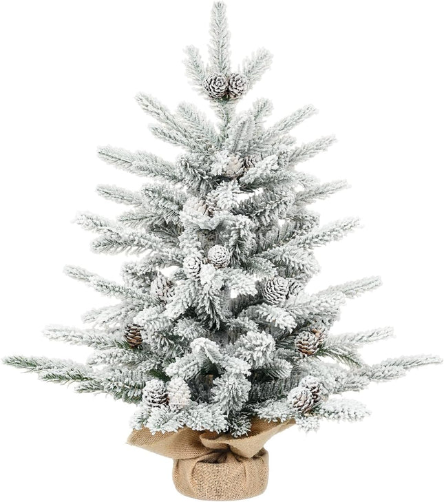 Flocked Small Christmas Tree - Leheyhey 2 Foot Mini Tabletop Christmas Tree with 175 PE PVC Flame-Retardant Tips, Unlit Artificial Little Christmas Tree with Pinecones for Home, Office, Party Decor