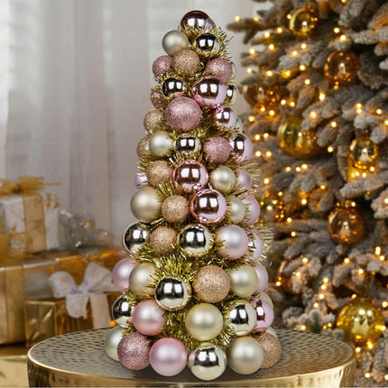 16" Mini Christmas Tree, Small Xmas Tree Decorations with 94 PCS Shatterproof Christmas Ornaments Balls for Christmas Party Centerpiece -Gold Pink