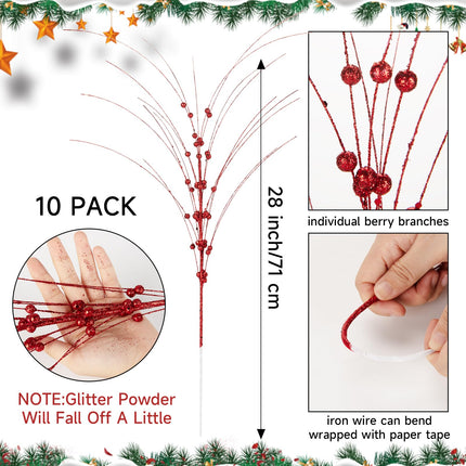 28Inch Long Christmas Ornaments Red Artificial Glitter Berry Stem - 10 PCS Fake Glittery Berry Branches Christmas Tree Picks for DIY Xmas Wreath Crafts Vase Filler Festivals Wedding Party Home Decor