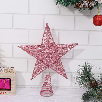 Christmas Tree Topper 10 Inch Pink Glitter Star with Metal Hollow Design Wire Star Treetop for Holiday Christmas Home Decoration