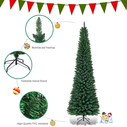 Artificial Pencil Christmas Tree, Premium Hinged Pine Tree with Solid Metal Legs, Perfect for Home, Shops and Holiday Decoration, Green (9FT)