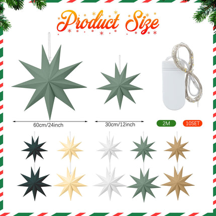 Riakrum 10 Set Christmas 3D Paper Star Lantern Sage Green Hanging Paper Lanterns Lampshade 24 Inch 12 Inch 9 Pointed Paper Star Lantern with Light String for Xmas Wedding Birthday Party Decor