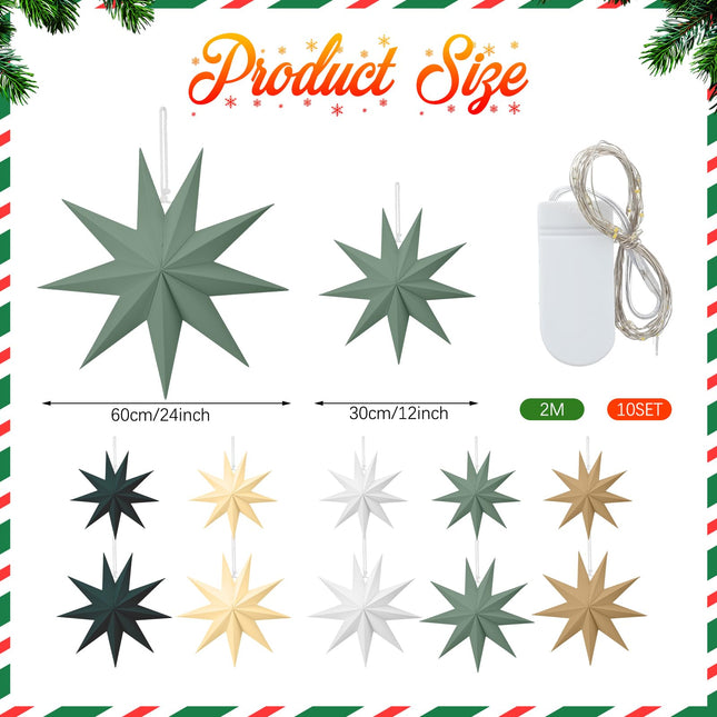 Riakrum 10 Set Christmas 3D Paper Star Lantern Sage Green Hanging Paper Lanterns Lampshade 24 Inch 12 Inch 9 Pointed Paper Star Lantern with Light String for Xmas Wedding Birthday Party Decor