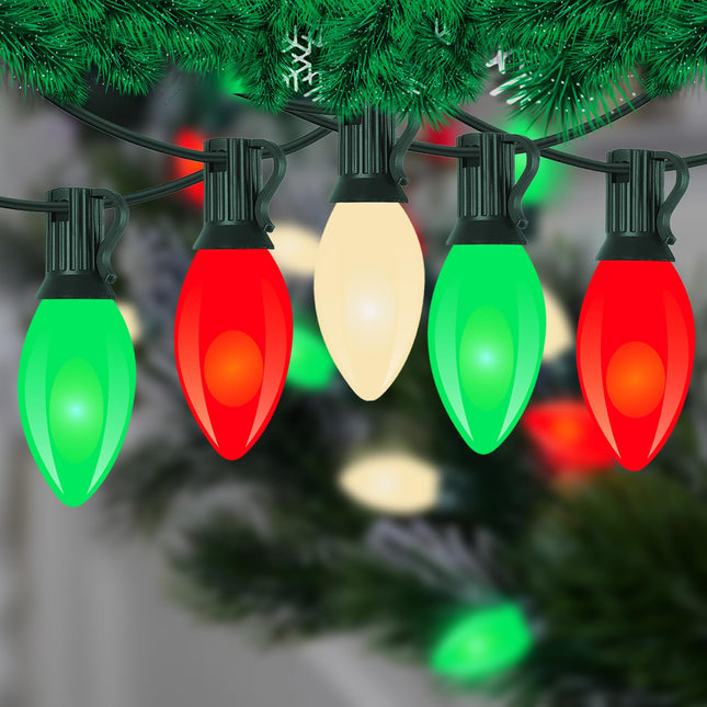 C9 LED Christmas String Lights Outdoor, 25Ft Vintage Christmas Lights with 26 C9 LED Red White and Green Bulbs, Hanging Christmas Lights for House Patio Garden Holiday Party Christmas Pathway Decor