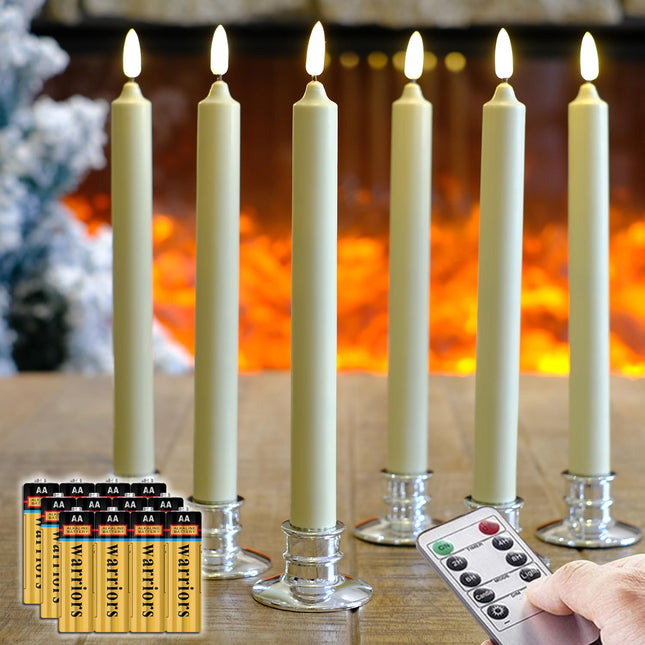 Set of 6 Flameless Ivory Wax Windows Candles with 12 AA Batteries(Include, Run More Than 400 Hours) and 6 Sliver Candlesticks.10 Inch, Flickering Battery Operated LED Candle Lights, Remote/Timer