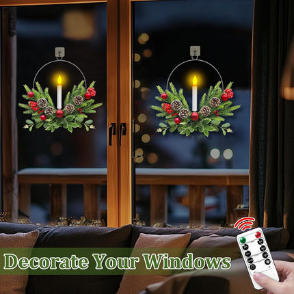 TURNMEON 2 Pack 15'' Christmas Wreaths for Front Door with LED Candles Timer Remote & Xmas Ball Pinecones Red Berries Decor, Battery Operated Lighted Xmas Wreath Decorations for Window Porch Holiday