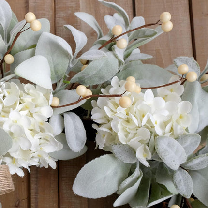 Idyllic 20 Inch Lambs Ears Leaves Everyday Wreath with Ivory Hydrangea and Cream Berries, Spring Summer Greenery Wreath with Burlap Ribbon Bow Knot for Doors, Rustic and Farmhouse Style Home Decor