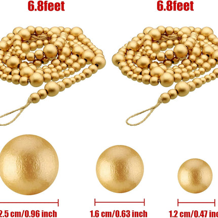 27feet Christmas Wooden Beads Wood Garland for Christmas Tree Bobo Christmas Holiday Decoration Boho Wall Hanging Farmhouse Home Decor Rustic(Gold)