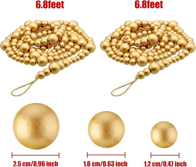 27feet Christmas Wooden Beads Wood Garland for Christmas Tree Bobo Christmas Holiday Decoration Boho Wall Hanging Farmhouse Home Decor Rustic(Gold)