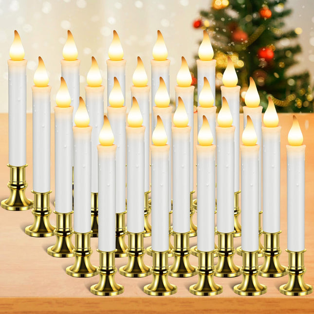 Yungyan 20 Pieces Christmas Window Candle Lights with Sensor Dusk to Dawn Battery Operated LED Candles Bulk Flameless Candles Flicker Flame for Xmas Holiday Party Decorations (Gold Base)