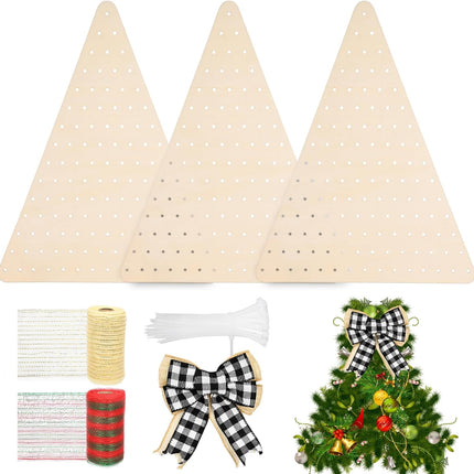 3 Pcs Triangle Wreath Board Form Christmas Wood Wreath Boards Triangular Wreath Frame Mesh Flower Boards for Wreaths with 100 Wire Ties and Three Bows for Making Deco Mesh Christmas Tree Wreath