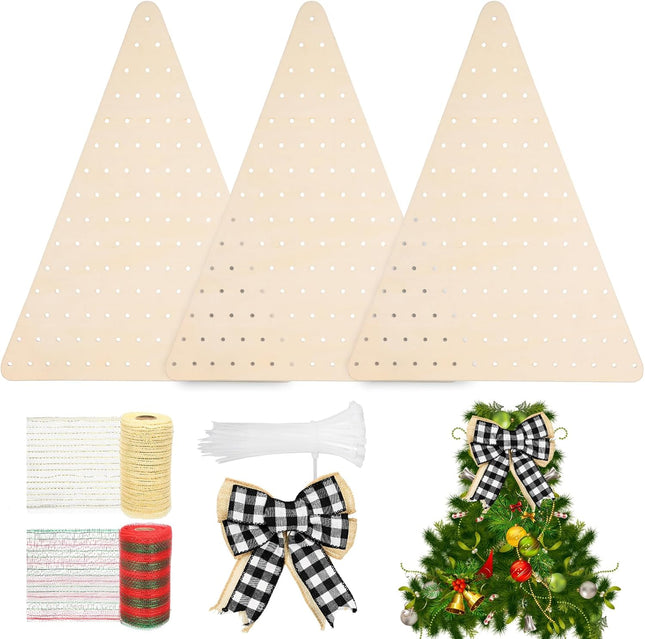 3 Pcs Triangle Wreath Board Form Christmas Wood Wreath Boards Triangular Wreath Frame Mesh Flower Boards for Wreaths with 100 Wire Ties and Three Bows for Making Deco Mesh Christmas Tree Wreath