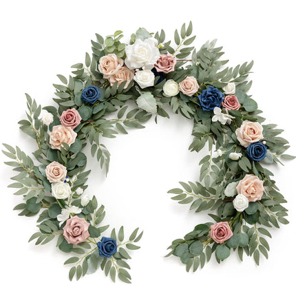 Ling's Moment Flower Garland - 6FT Eucalyptus & Rose - Sweetheart Table Decor for Wedding Reception, Artificial Floral Garland for Mantle, Thanksgiving, Christmas Decoration, Dusty Rose & Navy