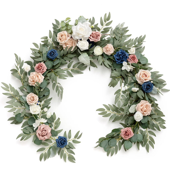 Ling's Moment Flower Garland - 6FT Eucalyptus & Rose - Sweetheart Table Decor for Wedding Reception, Artificial Floral Garland for Mantle, Thanksgiving, Christmas Decoration, Dusty Rose & Navy