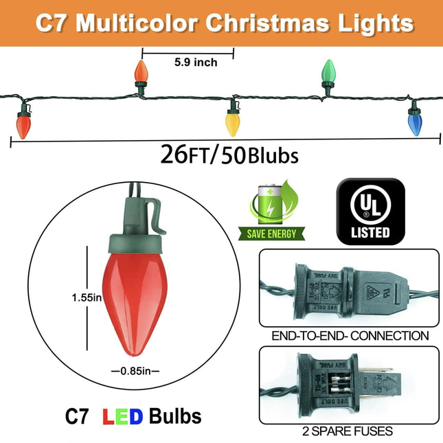 C7 Christmas LED String Lights - 26Ft LED Vintage Multicolor Lights with 50 LED Colorful Bulbs, Outdoor String Lights for Christmas Party Backyard Wedding- Green Wire