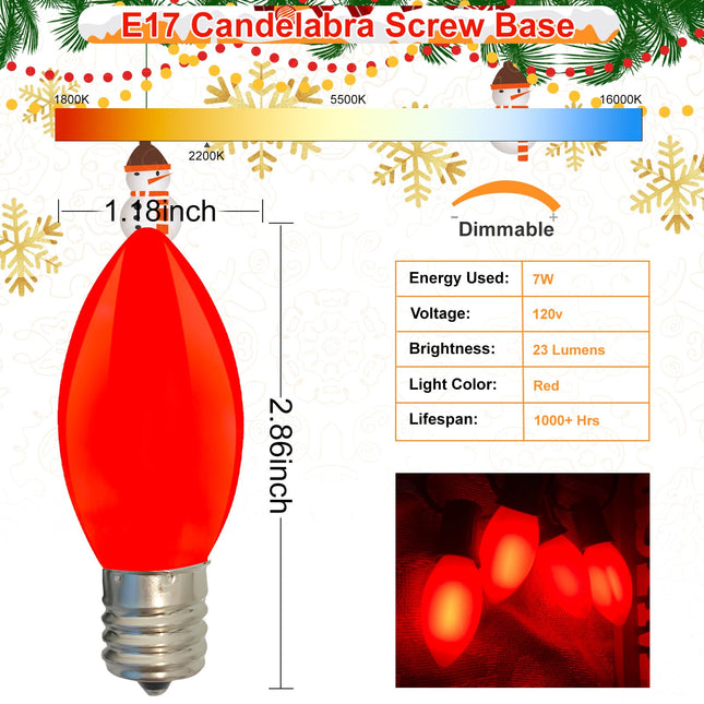 25 Pack Christmas Light Bulbs, C9 Ceramic Red Replacement Bulbs, C9 Outdoor String Lights Replacement Bulbs, C9/E17 Candelabra Base, 7 Watt