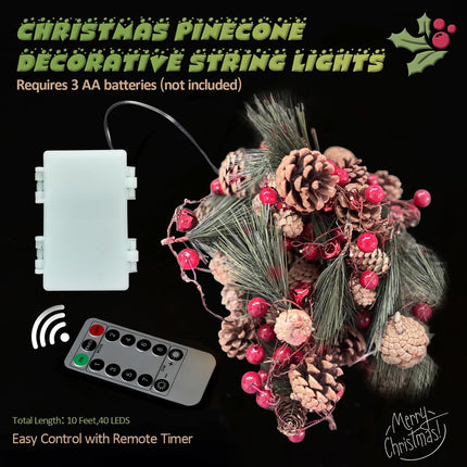 Christmas Pinecone Garlands with Lights, Vocal Metal Jingle Bell, Xmas Red Berry and Pine Leaf, Holiday Garland 10ft 30LEDs Battery Operated String Lights with Timer Flicker Options Remote Control