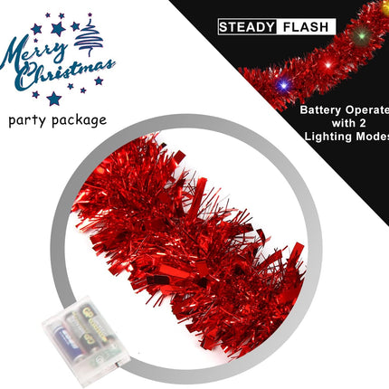 KIMOBER 32.8 Ft Christmas Prelit Tinsel Garland, Red Metallic Garland with 100 LED Lights for Christmas Tree Decorations,Wedding Party Supplies