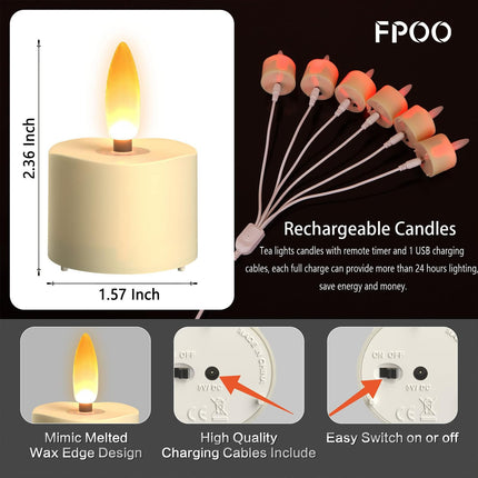 LED Rechargeable Tea Lights Candles with Remote, 6 pcs Battery Operated Tealights with Flickering Flame, USB Charging Cable, Timer Votive Candles for Wedding Decor Christmas Party