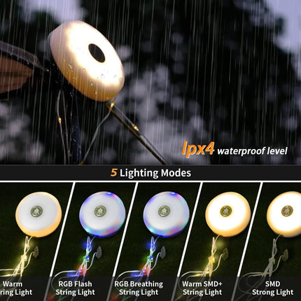 Camping String Lights,Camping Essentials Gear 32.8FT Lamp Lights Waterproof, 4 in 1 Outdoor String Lights with 8 Modes for Awn Tent Yard Garden Hiking Travel Decoration and Holiday Christmas