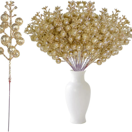 24 Pieces Christmas Glitter Berries Stems Artificial Berry Twig Stem Berry Picks Decorations for Christmas Ornaments, DIY Xmas Wreath Holly Berry Holiday and Party Decor (Champagne)