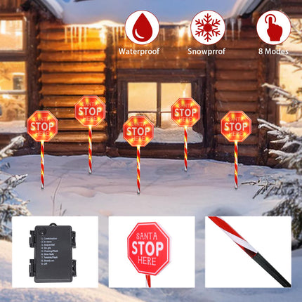 Christmas Santa Stop Here Garden Stakes 5 Packs Battery Christmas Yard Sign with LED Lights Waterproof Xmas Outdoor Decorations for Garden Lawn Pathway