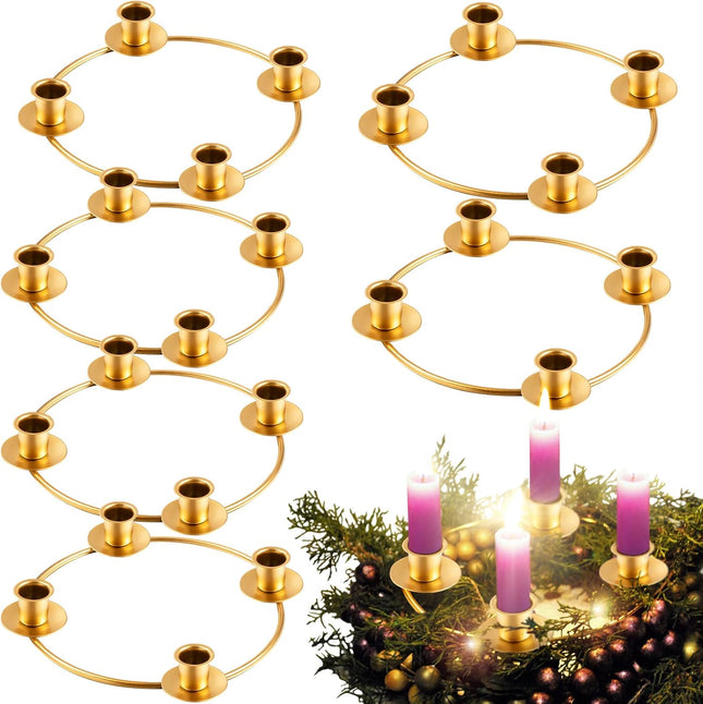6 Pieces Christmas Advent Wreath Ring Advent Ring Candle Holder Gold Candle Wreaths Rings Xmas Metal Wrought Iron Candlestick Taper Metal Candle Holder for Christmas Advent Home Table Decorations
