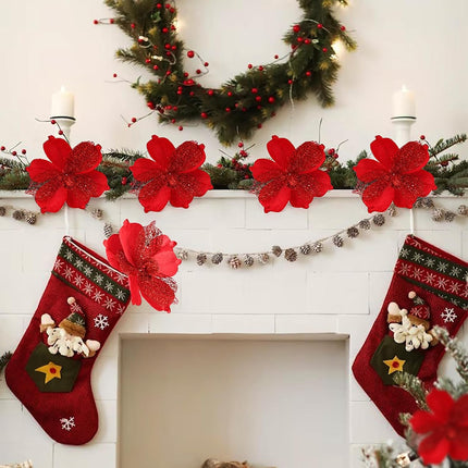 Poinsettia Ornament for Christmas Tree White Poinsettia Flowers Picks Glitter Artificial Poinsettia Flowers Christmas Poinsettia Decorations for Tree Garland Stocking Wedding Party (12pcs,8.6 Inch)