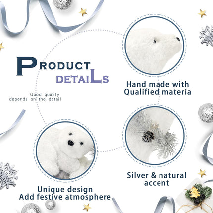 Nature Vibe 12.6 Inches White Faux Fur Polar Bear Christmas Decorations with Garland,Christmas Polar Animal Baby Bear and Mom as Winter Wonderland Decorations, Christmas Home Decor