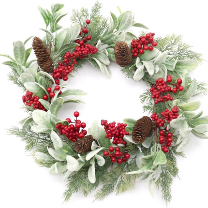 19 inch Artificial Christmas Wreath for Front Door Winter Holiday Wreath with Flocked Lambs Ear, Red Berry Clusters, Pine Needle Branches, Pinecones for Indoor Outdoor Home Wall Window Xmas Decor