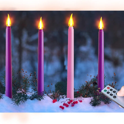 Set of 4 Battery Operated Flameless Taper Candles for Advent Wreath - 3 Purple, 1 Pink - Flickering Candles for Home, Church, School Decor