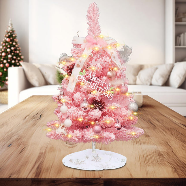 Small Christmas Tree Pink - Mini Christmas Tree Pink, Flocked Christmas Tree Small, Pink Christmas Tree Dcorated, Comes with Ornaments, 2ft Tabletop Christmas Tree with Tree Skirt