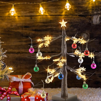 Light up Snowflakes Tree,Mini Christmas Tree,Lighted Trees for Decorations Inside,Room Decor,Battery Operated,with Timer,Table Decorations.（Added 12 Decorative Balls） (Brown)