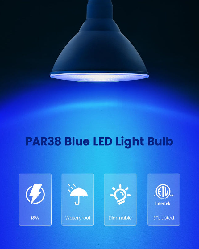 SURAIELEC PAR38 Blue Flood Light Bulb, Dimmable LED Spotlight Bulb, E26 Base, 18W Equivalent 120W, 200LM, Wet Rated Blue Outdoor Light Bulb for Porch, Yard, Christmas Decor, ETL Listed, 2 Pack