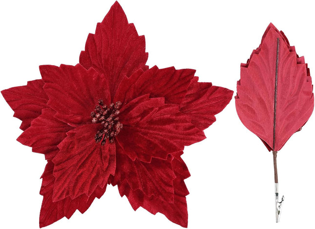 SHACOS 10 pcs 11.8" Artificial Christmas Red Poinsettia Flowers Clips on Large Velvet Floral Picks Christmas Tree Ornaments Wreath Garland Decoration Indoor Outdoor