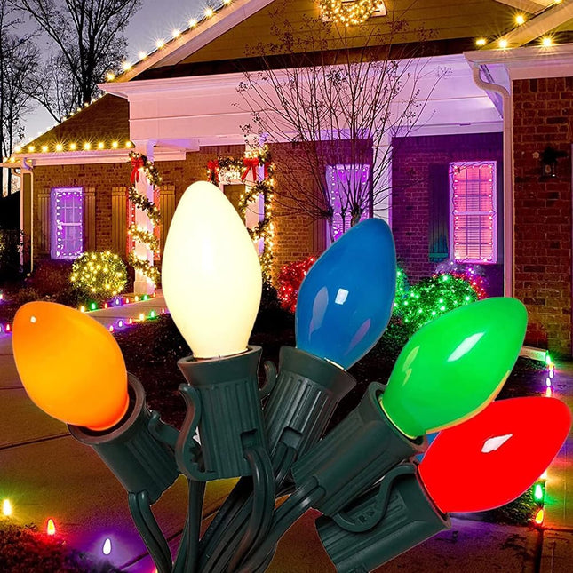 25Ft Multicolor Christmas Lights for Outside, C7 Outdoor Patio String Lights with 27 Multicolor Ceramic Bulbs(2 Spare), Hanging Outdoor String Lights for Outdoor Roofline Xmas Decorations- Green Wire