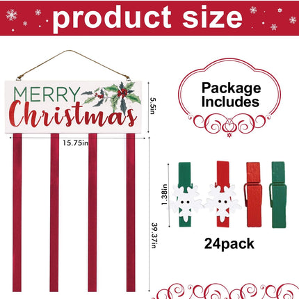Christmas Card Holder Wall Display Merry Christmas Wooden Hanging Picture Holder with 24 Clips for Holiday Décor