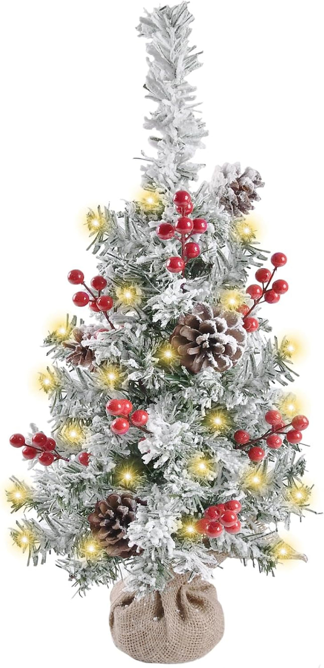 Artificial Mini Christmas Tree with LED Lights, 21 Inch Table Top Christmas Tree with Red Berries and Pine Cones for Holiday Decoration