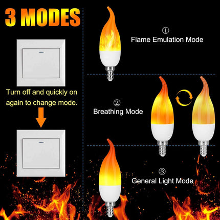 Venforze E12 Flame Bulbs 4 Pack, 3 Mode LED Candelabra Flame Light Bulb 1.2 Watt Warm White Chandelier Flame Bulbs,1801k Candle Light Bulbs, Flame Tip for Christmas Party Decorations