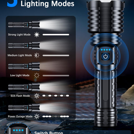 Super Bright Rechargeable LED Flashlights 5000.000 High Lumens, Flashlights High Lumens Up to 25H Long Battery Life| Zoomable| 5Light Modes| IP67 Waterproof, High Powered Flashlight for Camping Home