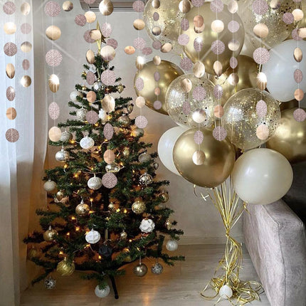 Glitter Party Decorations Champagne Gold Hanging Streamer Circle Dots Garland Paper Dots String Bunting Banner Backdrop Background Decor for Birthday Wedding Anniversary Engagement Christmas