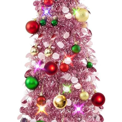 N&T NIETING Pop Up Christmas Tree with Lights & 30 Balls, 5Ft Collapsible Rose Gold Tinsel Christmas Tree Decorations, Pencil Christmas Tree Skinny Christmas Tree for Holiday Xmas Home Office Decor
