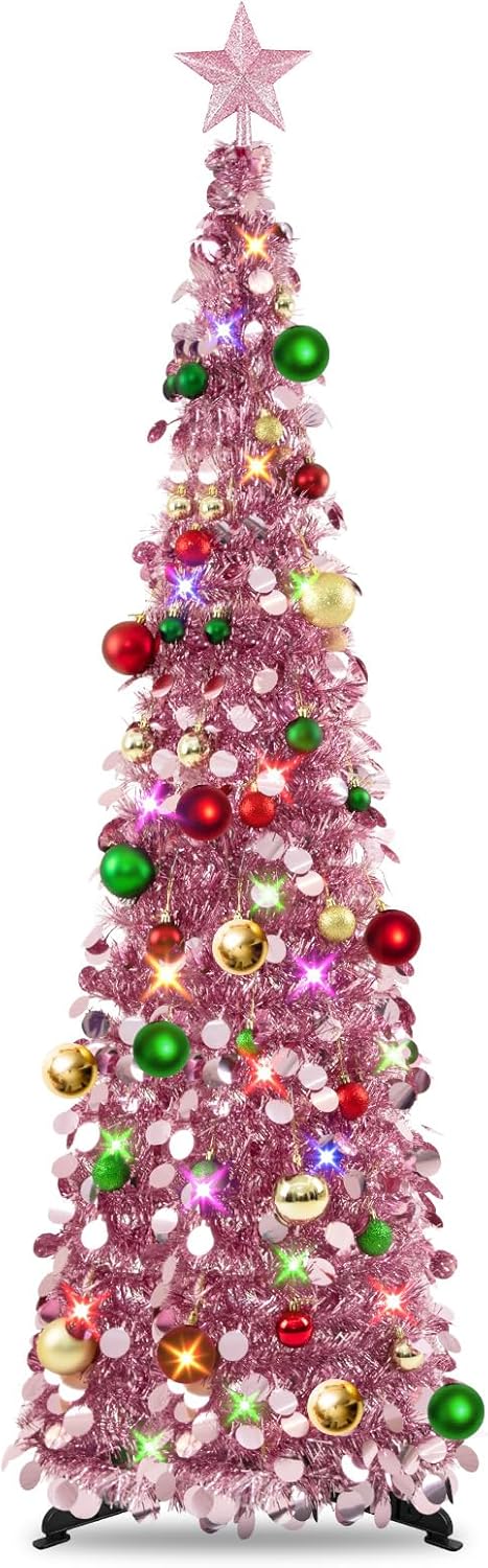 N&T NIETING Pop Up Christmas Tree with Lights & 30 Balls, 5Ft Collapsible Rose Gold Tinsel Christmas Tree Decorations, Pencil Christmas Tree Skinny Christmas Tree for Holiday Xmas Home Office Decor
