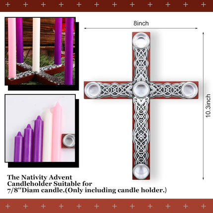 Christmas Advent Candle Holder Rustic Wood Cross Advent Wreath Jesus Nativity Candle Holder with Metal Celtic Knot Religious for Home Church Advent Christmas Holy Tabletop Centerpiece Decor