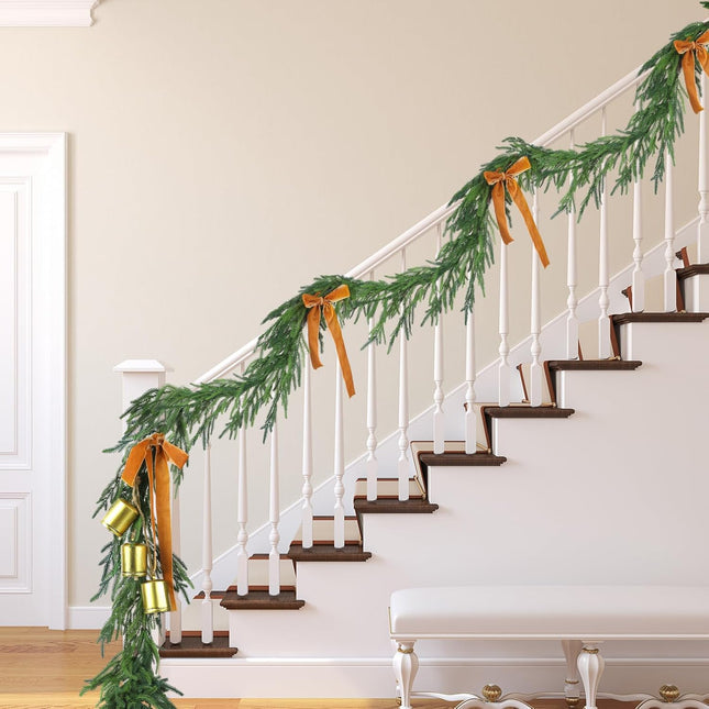 1 Pcs Norfolk Pine Garland with 1 Pc Khaki Velvet Ribbon 3 Pcs Rustic Iron Wrought Bell for Christmas Home Decor(15 Ft)
