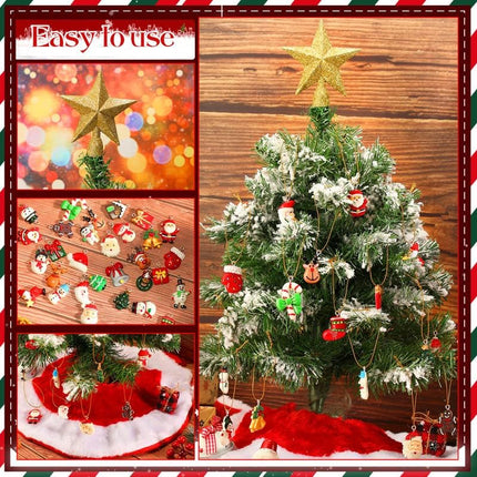30 Pieces Mini Christmas Tree Skirt Mini Resin Christmas Ornament Miniature Christmas Tree Ornaments Santa Snowman Ornament with Glitter Star Tree Topper for Tree Decoration (Tree Topper in Gold)