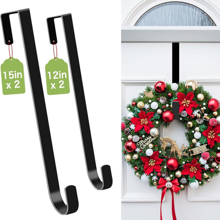 4 Pack Wreath Hangers for Front Door, Over The Door Wreath Hanger Halloween Decorations Wreath Hook for Hanging Christmas Easter Fall Decoration, Welcome Sign Holder Two Each of 12" and 15" (Black)