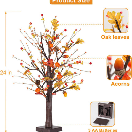 2 Pack 24 Inch Lighted Maple Trees with Pumpkins & Acorns - 24 LED Battery-Powered Fall Decorations for Home, Perfect for Thanksgiving and Harvest Table Decor