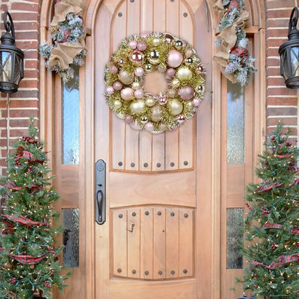 Christmas Ball Wreath 13" Xmas Wreaths Ornaments Glitter Thicken Shatterproof Garland Decoration for Door Wall Mantel Holiday Party Decor, Champagne Gold & Pink
